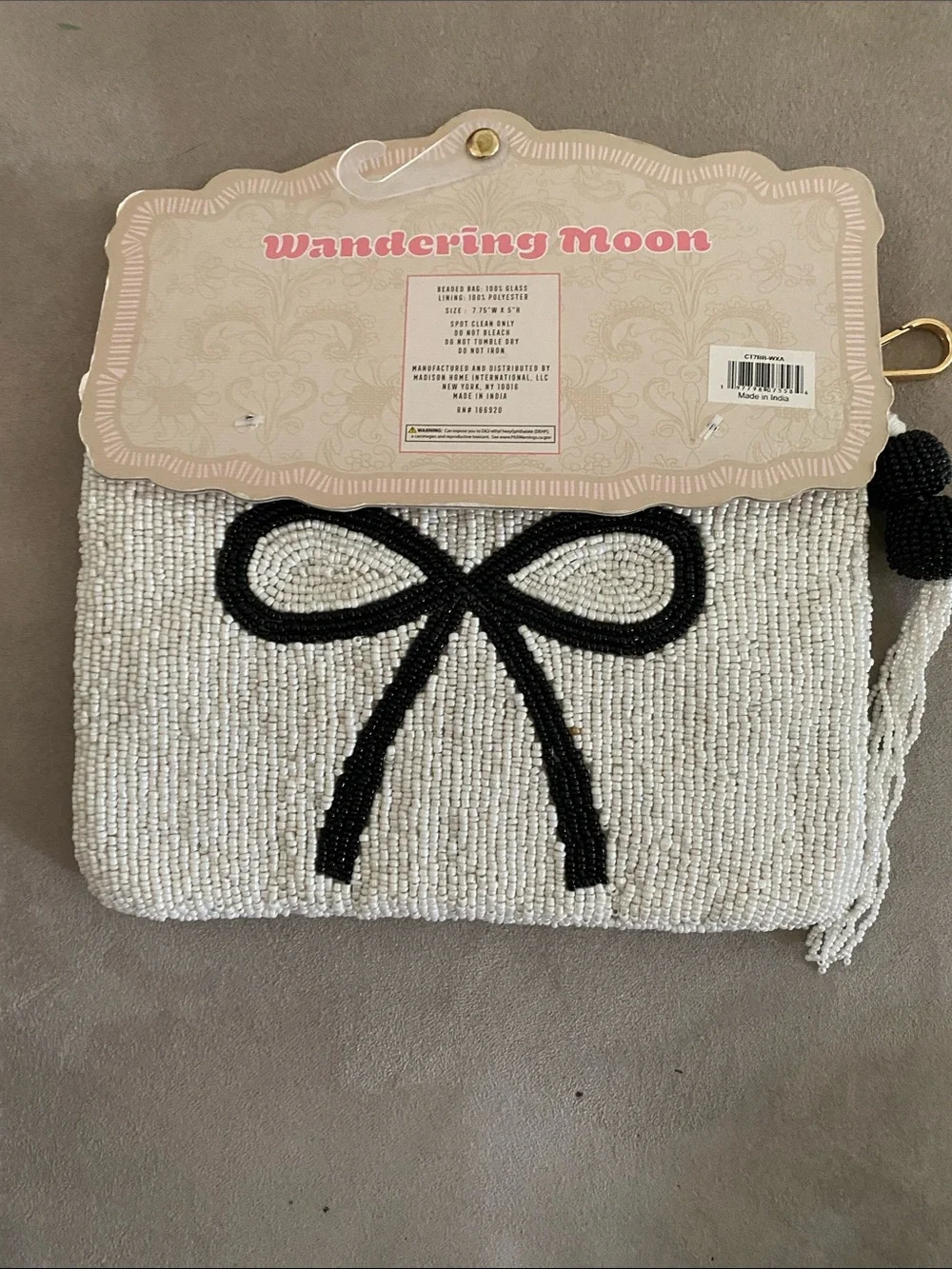 White Beaded Wristlet Pouch with Black Bow Pattern front and back. NWT LARGE